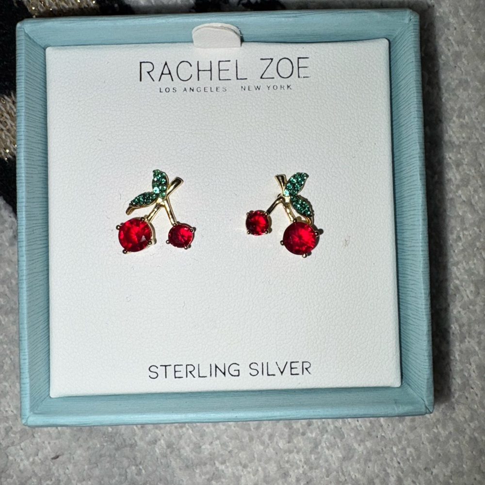 Rachel Zoe Gold Cherry Earrings with Red and Green Accents